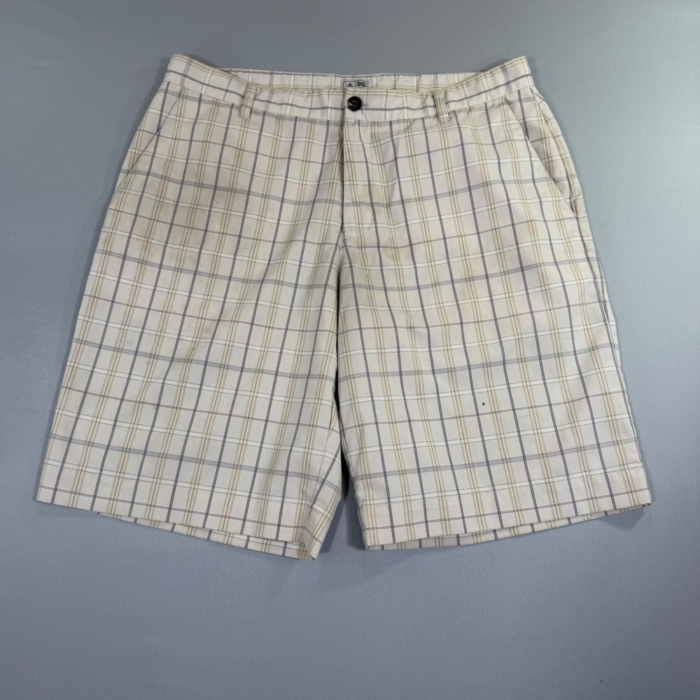 Adidas Golf Performance Shorts Mens 36 Plaid Cream Tan Casual Athletic